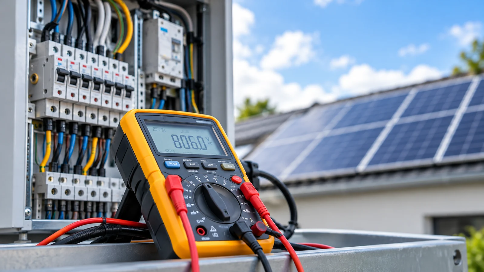 Elektrisches Messgerät vor einer Verteilung und einer Photovoltaikanlage